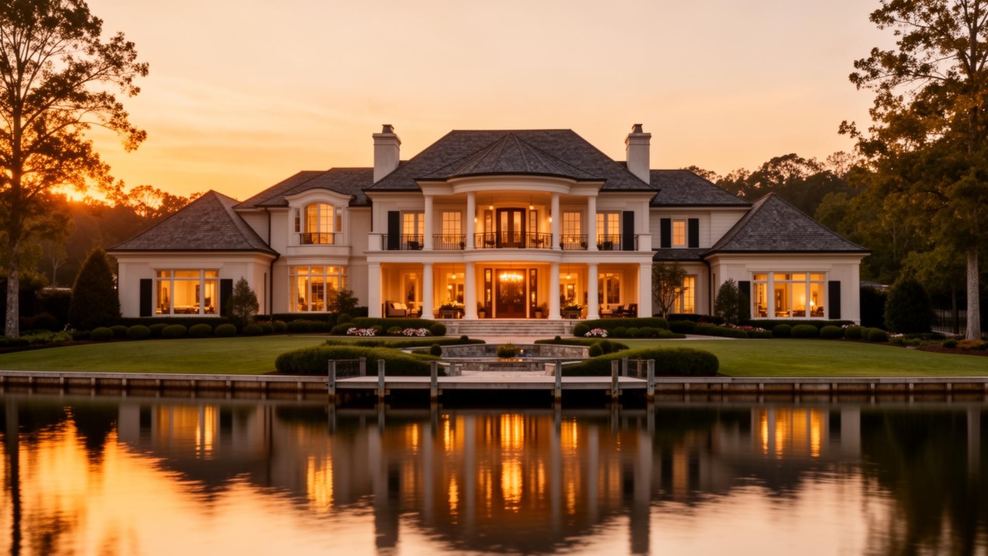Luxury lakefront home at sunset on Lake Norman